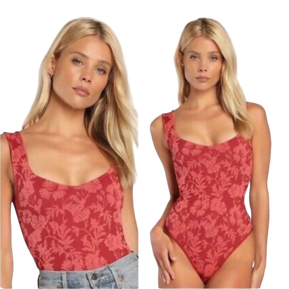 Free People Intimately Clean Lines Shiraz Floral Red Bodysuit Seamless Thong M/L